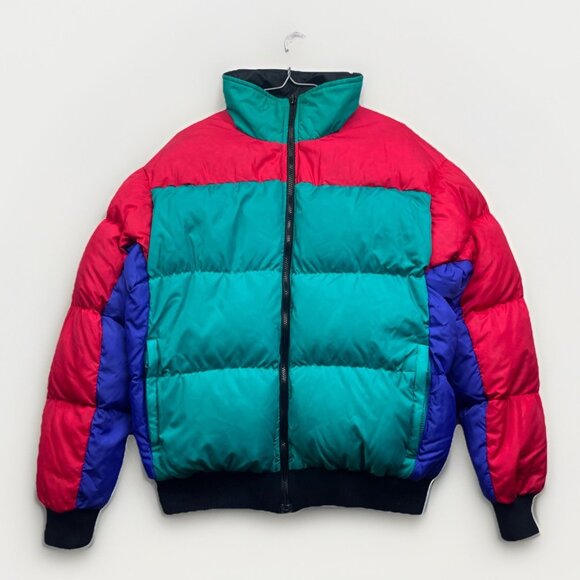 VTG Columbia Retro Multicolor Block Reversible Ski Down Puffer Jacket Men Sz L - Picture 1 of 11